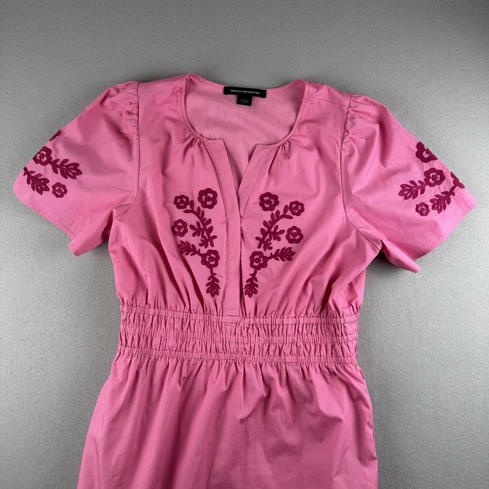 French Connection Pink Embroidered Cotton Midi Dress Large Boho Peasant Resort - Picture 4 of 11